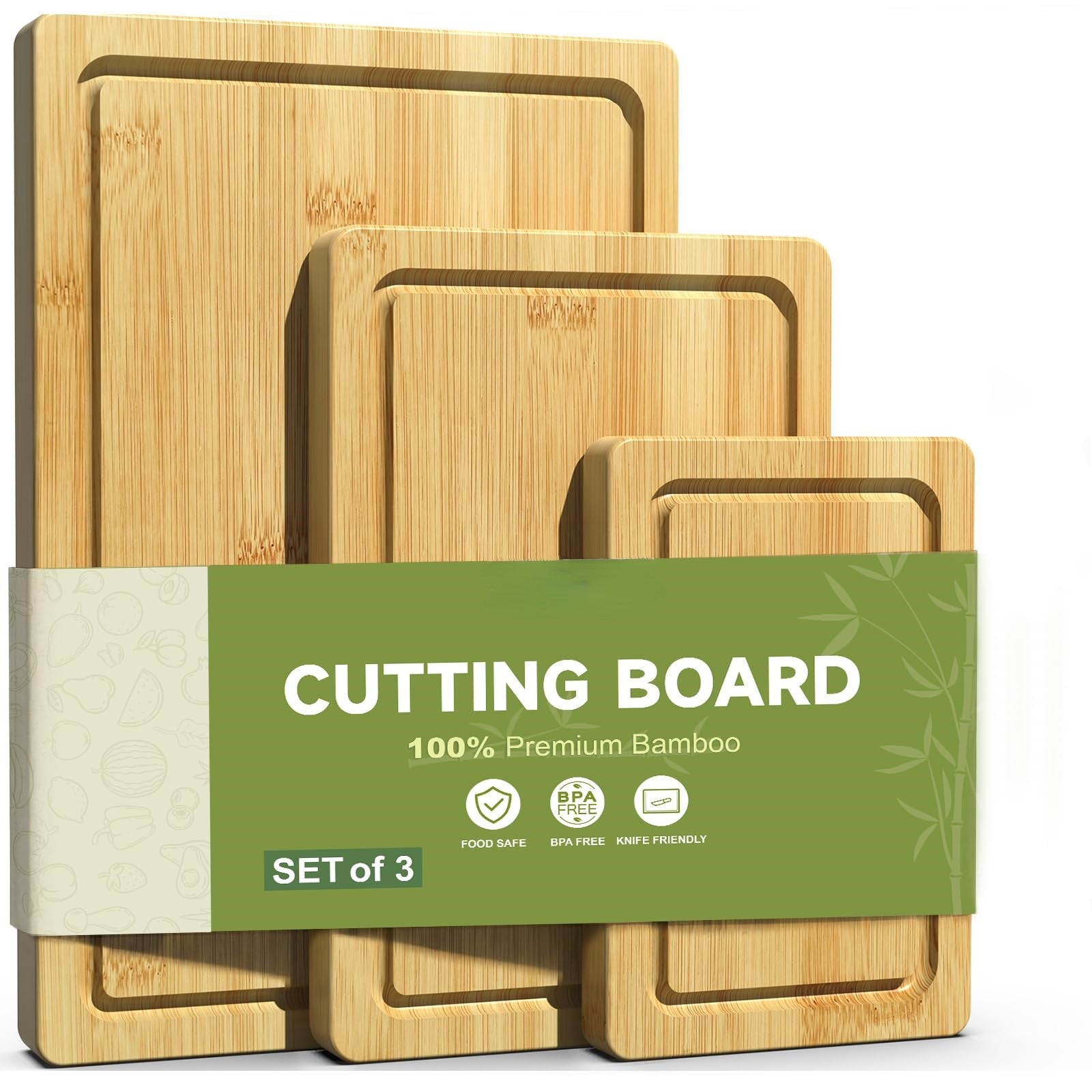 3 Piece Bamboo Cutting Board Set for Kitchen