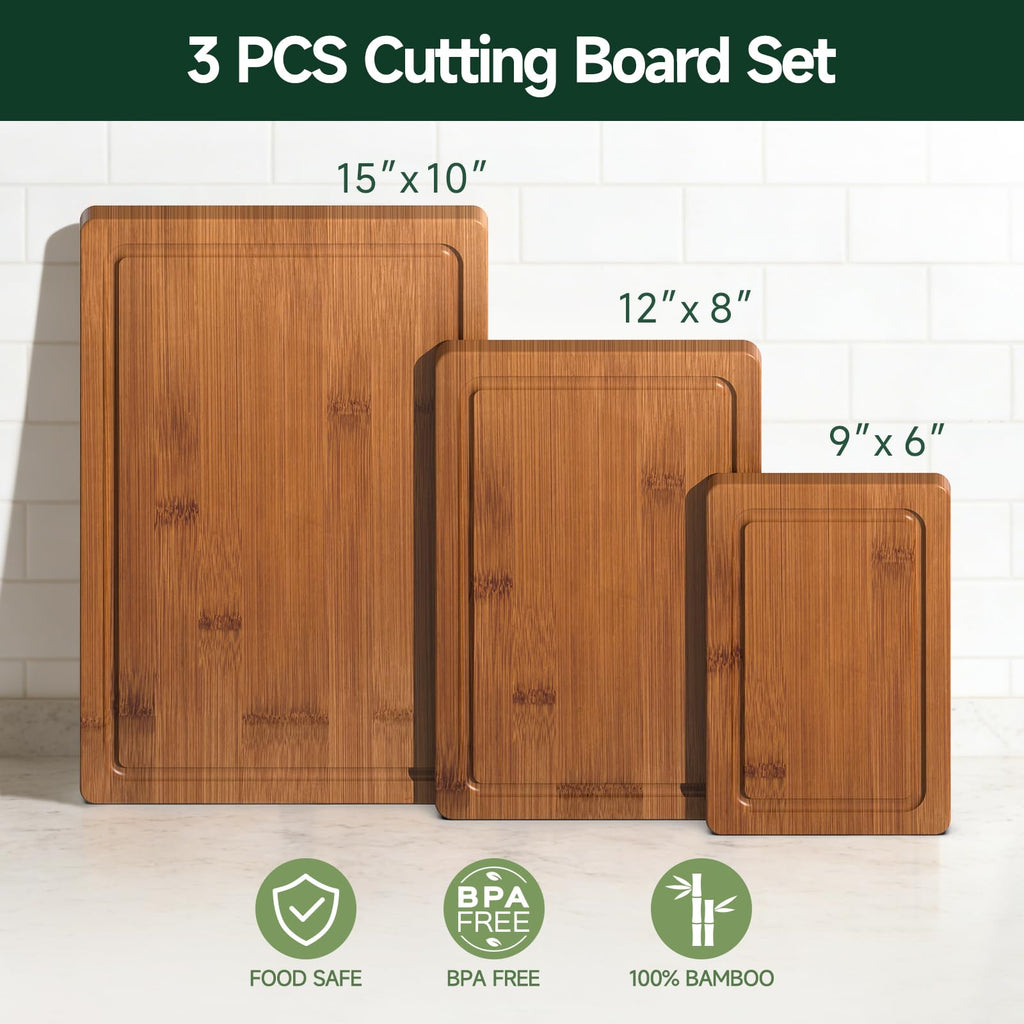 3 Piece Bamboo Cutting Board Set for Kitchen
